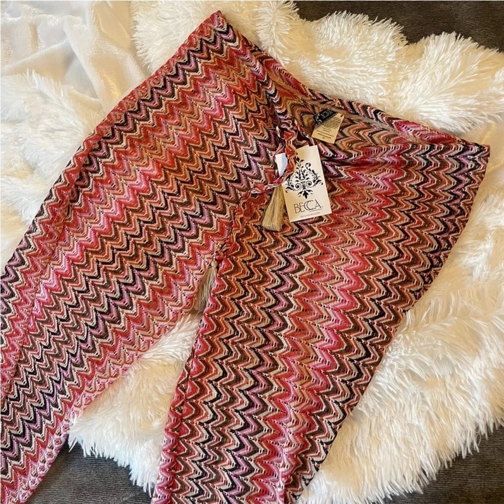 BECCA by Rebecca Virtue Pink Chevron Crochet Knit Beach Cover Up Pants Large NEW